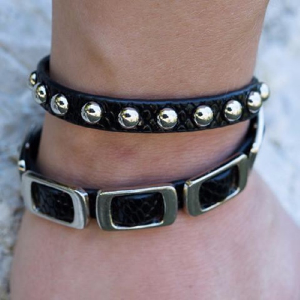 GIAIDO MASSI Bracelet Leather & Rhodium Double Wrap - Black & Silver - NEW